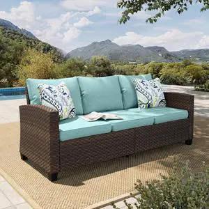 HERA'S HOUSE Outdoor Patio Sofa, 3-Seat Wicker Couch Loveseat, Deep Seating Furniture for Lawn Garden Porch Backyard, Blue HERA'S HOUSE Outdoor Patio Sofa, 3-Seat Wicker Couch Loveseat, Deep Seating Furniture for Lawn Garden Porch Backyard, Blue