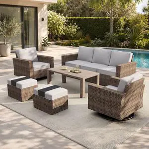 HERA'S HOUSE 6-Piece Patio Furniture Set with Wide Arm, Grey | Outdoor Swivel Glide Chair +5.5 Washable Thick Cushions. All-Weather Yellow Wicker Conversation Sofa. for Deck Lawn &Garden HERA'S HOUSE 6-Piece Patio Furniture Set with Wide Arm, Grey | Outdoor Swivel Glide Chair +5.5 Washable Thick Cushions. All-Weather Yellow Wicker Conversation Sofa. for Deck Lawn &Garden