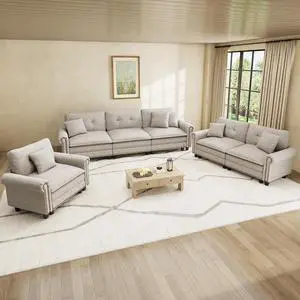 HERA'S HOUSE Modular Sectional Sofa Set for Living Room 3-Piece Deep Seats | Mid-Century Modern 6-Seater Cloud Sofa Set, Light Grey, Rolled Arms & Nailhead Trim, Wider Seats, Soft Linen Furniture Set HERA'S HOUSE Modular Sectional Sofa Set for Living Room 3-Piece Deep Seats | Mid-Century Modern 6-Seater Cloud Sofa Set, Light Grey, Rolled Arms & Nailhead Trim, Wider Seats, Soft Linen Furniture Set
