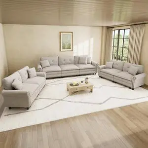 HERA'S HOUSE Modular Sectional Sofa and Loveseat Set Living Room 3-Piece | Mid-Century Modern 7-Seater Cloud Sofa Set, Light Grey, Rolled Arms & Nailhead Trim, Wider Seats, Soft Linen Furniture Set HERA'S HOUSE Modular Sectional Sofa and Loveseat Set Living Room 3-Piece | Mid-Century Modern 7-Seater Cloud Sofa Set, Light Grey, Rolled Arms & Nailhead Trim, Wider Seats, Soft Linen Furniture Set