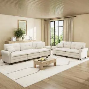 HERA'S HOUSE Modular Sectional Sofa Set for Living Room 2-Piece Deep Seats | Mid-Century Modern 5-Seater Cloud Sofa Set, Beige, Rolled Arms & Nailhead Trim, Wider & Deeper Seats, Linen Furniture Set HERA'S HOUSE Modular Sectional Sofa Set for Living Room 2-Piece Deep Seats | Mid-Century Modern 5-Seater Cloud Sofa Set, Beige, Rolled Arms & Nailhead Trim, Wider & Deeper Seats, Linen Furniture Set