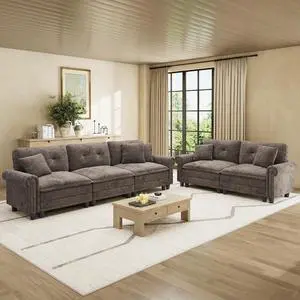 HERA'S HOUSE Modular Sectional Sofa Set for Living Room 2-Piece Deep Seats | Mid-Century Modern 5-Seater Cloud Sofa Set, Grayish Brown, Rolled Arms & Nailhead Trim, Wider Seats, Chenille Furniture Set HERA'S HOUSE Modular Sectional Sofa Set for Living Room 2-Piece Deep Seats | Mid-Century Modern 5-Seater Cloud Sofa Set, Grayish Brown, Rolled Arms & Nailhead Trim, Wider Seats, Chenille Furniture Set