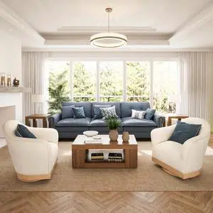 HERA'S HOUSE 2-Piece Living Room Set - 3-Seat Sofa with 2 Swivel Chairs | Mid-Century Modern Cloud Couch & Accent Chair Set, Linen Blue Couch & Corduroy Beige Chairs, Rolled Arms & Nailhead Trim HERA'S HOUSE 2-Piece Living Room Set - 3-Seat Sofa with 2 Swivel Chairs | Mid-Century Modern Cloud Couch & Accent Chair Set, Linen Blue Couch & Corduroy Beige Chairs, Rolled Arms & Nailhead Trim