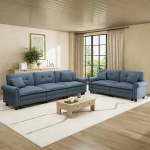 HERA'S HOUSE Modular Sectional Sofa Set for Living Room 2-Piece Deep Seats | Mid-Century Modern 5-Seater Cloud Sofa Set, Blue, Rolled Arms & Nailhead Trim, Wider & Deeper Seats, Linen Furniture Set HERA'S HOUSE Modular Sectional Sofa Set for Living Room 2-Piece Deep Seats | Mid-Century Modern 5-Seater Cloud Sofa Set, Blue, Rolled Arms & Nailhead Trim, Wider & Deeper Seats, Linen Furniture Set