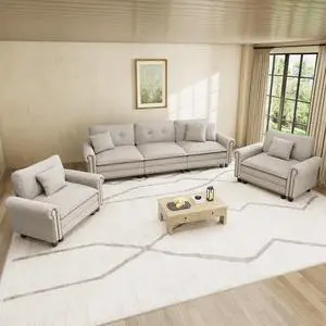 HERA'S HOUSE Modular Sectional Sofa and Chair Set for Living Room 3-Piece | Mid-Century Modern 5-Seater Cloud Sofa Set, Light Grey, Rolled Arms & Nailhead Trim, Wider Seats, Soft Linen Furniture Set HERA'S HOUSE Modular Sectional Sofa and Chair Set for Living Room 3-Piece | Mid-Century Modern 5-Seater Cloud Sofa Set, Light Grey, Rolled Arms & Nailhead Trim, Wider Seats, Soft Linen Furniture Set