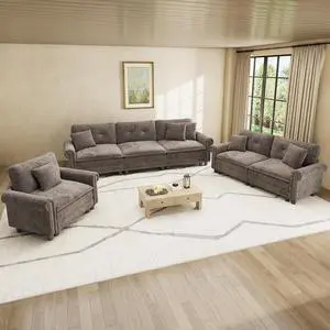 HERA'S HOUSE Modular Sectional Sofa Set for Living Room 3-Piece Deep Seats | Mid-Century Modern 6-Seater Cloud Sofa Set, Grayish Brown, Rolled Arms & Nailhead Trim, Wider Seats, Chenille Furniture Set HERA'S HOUSE Modular Sectional Sofa Set for Living Room 3-Piece Deep Seats | Mid-Century Modern 6-Seater Cloud Sofa Set, Grayish Brown, Rolled Arms & Nailhead Trim, Wider Seats, Chenille Furniture Set