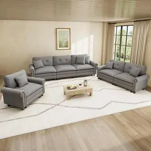 HERA'S HOUSE Modular Sectional Sofa Set with Loveseat and Armchair 3 Piece | Mid-Century Modern 6-Seater Cloud Sofa Set, Dark Grey, Rolled Arms & Nailhead Trim, Wider Seats, Soft Linen Furniture Set HERA'S HOUSE Modular Sectional Sofa Set with Loveseat and Armchair 3 Piece | Mid-Century Modern 6-Seater Cloud Sofa Set, Dark Grey, Rolled Arms & Nailhead Trim, Wider Seats, Soft Linen Furniture Set