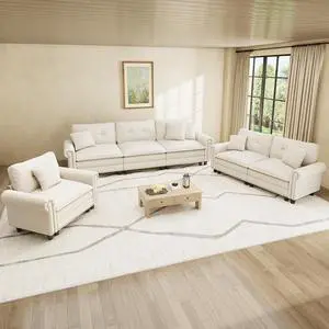 HERA'S HOUSE Modular Sectional Sofa Set for Living Room 3-Piece Deep Seats | Mid-Century Modern 6-Seater Cloud Sofa Set, Beige, Rolled Arms & Nailhead Trim, Wider & Deeper Seats, Linen Furniture Set HERA'S HOUSE Modular Sectional Sofa Set for Living Room 3-Piece Deep Seats | Mid-Century Modern 6-Seater Cloud Sofa Set, Beige, Rolled Arms & Nailhead Trim, Wider & Deeper Seats, Linen Furniture Set