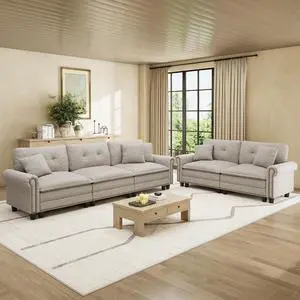 HERA'S HOUSE Modular Sectional Sofa Set for Living Room 2-Piece Deep Seats | Mid-Century Modern 5-Seater Cloud Sofa Set, Light Grey, Rolled Arms & Nailhead Trim, Wider Seats, Soft Linen Furniture Set HERA'S HOUSE Modular Sectional Sofa Set for Living Room 2-Piece Deep Seats | Mid-Century Modern 5-Seater Cloud Sofa Set, Light Grey, Rolled Arms & Nailhead Trim, Wider Seats, Soft Linen Furniture Set