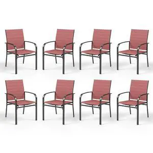 HERA'S HOUSE Outdoor Patio Dining Chairs Set of 8, Wrought Iron & Textilene | Red breathable fabric, Metal frame with armrest & wide seat, Rust-resistant All-weather design for for lawn, deck HERA'S HOUSE Outdoor Patio Dining Chairs Set of 8, Wrought Iron & Textilene | Red breathable fabric, Metal frame with armrest & wide seat, Rust-resistant All-weather design for for lawn, deck