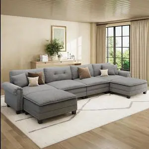 HERA'S HOUSE 150" Oversized U Shaped Modular Sectional Couch Living Room | Mid-Century Modern 6-Seater Cloud Sofa, Dark Gray, Rolled Arms & Nailhead Trim, Wider & Deeper Seats, Ottoman, Linen HERA'S HOUSE 150" Oversized U Shaped Modular Sectional Couch Living Room | Mid-Century Modern 6-Seater Cloud Sofa, Dark Gray, Rolled Arms & Nailhead Trim, Wider & Deeper Seats, Ottoman, Linen