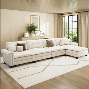 HERA'S HOUSE 150" Oversized L Shaped Modular Sectional Couch Living Room | Mid-Century Modern 5-Seater Cloud Sofa, Beige, Rolled Arms & Nailhead Trim, Wider & Deeper Seats, Ottoman, Linen HERA'S HOUSE 150" Oversized L Shaped Modular Sectional Couch Living Room | Mid-Century Modern 5-Seater Cloud Sofa, Beige, Rolled Arms & Nailhead Trim, Wider & Deeper Seats, Ottoman, Linen