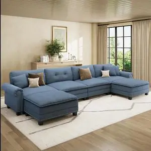 HERA'S HOUSE 150" Oversized U Shaped Modular Sectional Couch Living Room | Mid-Century Modern 6-Seater Cloud Sofa, Blue, Rolled Arms & Nailhead Trim, Wider & Deeper Seats, Ottoman, Linen HERA'S HOUSE 150" Oversized U Shaped Modular Sectional Couch Living Room | Mid-Century Modern 6-Seater Cloud Sofa, Blue, Rolled Arms & Nailhead Trim, Wider & Deeper Seats, Ottoman, Linen