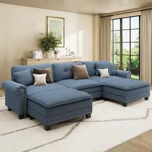 HERA'S HOUSE 116" Oversized U Shaped Modular Sectional Couch Living Room | Mid-Century Modern 5-Seater Cloud Sofa, Blue, Rolled Arms & Nailhead Trim, Wider & Deeper Seats, Ottoman, Linen HERA'S HOUSE 116" Oversized U Shaped Modular Sectional Couch Living Room | Mid-Century Modern 5-Seater Cloud Sofa, Blue, Rolled Arms & Nailhead Trim, Wider & Deeper Seats, Ottoman, Linen