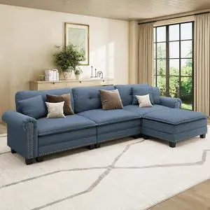 HERA'S HOUSE 116" Oversized L Shaped Modular Sectional Couch Living Room | Mid-Century Modern 4-Seater Cloud Sofa, Blue, Rolled Arms & Nailhead Trim, Wider & Deeper Seats, Ottoman, Linen HERA'S HOUSE 116" Oversized L Shaped Modular Sectional Couch Living Room | Mid-Century Modern 4-Seater Cloud Sofa, Blue, Rolled Arms & Nailhead Trim, Wider & Deeper Seats, Ottoman, Linen
