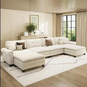 HERA'S HOUSE 150" Oversized U Shaped Modular Sectional Couch Living Room | Mid-Century Modern 6-Seater Cloud Sofa, Beige, Rolled Arms & Nailhead Trim, Wider & Deeper Seats, Ottoman, Linen HERA'S HOUSE 150" Oversized U Shaped Modular Sectional Couch Living Room | Mid-Century Modern 6-Seater Cloud Sofa, Beige, Rolled Arms & Nailhead Trim, Wider & Deeper Seats, Ottoman, Linen