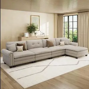 HERA'S HOUSE 150" Oversized L Shaped Modular Sectional Couch Living Room | Mid-Century Modern 5-Seater Cloud Sofa, Light Gray, Rolled Arms & Nailhead Trim, Wider & Deeper Seats, Ottoman, Linen HERA'S HOUSE 150" Oversized L Shaped Modular Sectional Couch Living Room | Mid-Century Modern 5-Seater Cloud Sofa, Light Gray, Rolled Arms & Nailhead Trim, Wider & Deeper Seats, Ottoman, Linen