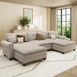 HERA'S HOUSE 116" Oversized U Shaped Modular Sectional Couch Living Room | Mid-Century Modern 5-Seater Cloud Sofa, Light Gray, Rolled Arms & Nailhead Trim, Wider & Deeper Seats, Ottoman, Linen HERA'S HOUSE 116" Oversized U Shaped Modular Sectional Couch Living Room | Mid-Century Modern 5-Seater Cloud Sofa, Light Gray, Rolled Arms & Nailhead Trim, Wider & Deeper Seats, Ottoman, Linen