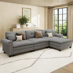 HERA'S HOUSE 116" Oversized L Shaped Modular Sectional Couch Living Room | Mid-Century Modern 4-Seater Cloud Sofa, Dark Gray, Rolled Arms & Nailhead Trim, Wider & Deeper Seats, Ottoman, Linen HERA'S HOUSE 116" Oversized L Shaped Modular Sectional Couch Living Room | Mid-Century Modern 4-Seater Cloud Sofa, Dark Gray, Rolled Arms & Nailhead Trim, Wider & Deeper Seats, Ottoman, Linen