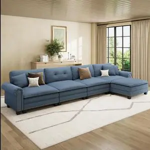 HERA'S HOUSE 150" Oversized L Shaped Modular Sectional Couch Living Room | Mid-Century Modern 5-Seater Cloud Sofa, Blue, Rolled Arms & Nailhead Trim, Wider & Deeper Seats, Ottoman, Linen HERA'S HOUSE 150" Oversized L Shaped Modular Sectional Couch Living Room | Mid-Century Modern 5-Seater Cloud Sofa, Blue, Rolled Arms & Nailhead Trim, Wider & Deeper Seats, Ottoman, Linen