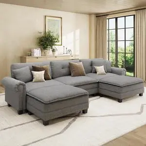 HERA'S HOUSE 116" Oversized U Shaped Modular Sectional Couch Living Room | Mid-Century Modern 5-Seater Cloud Sofa, Dark Gray, Rolled Arms & Nailhead Trim, Wider & Deeper Seats, Ottoman, Linen HERA'S HOUSE 116" Oversized U Shaped Modular Sectional Couch Living Room | Mid-Century Modern 5-Seater Cloud Sofa, Dark Gray, Rolled Arms & Nailhead Trim, Wider & Deeper Seats, Ottoman, Linen