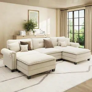 HERA'S HOUSE 116" Oversized U Shaped Modular Sectional Couch Living Room | Mid-Century Modern 5-Seater Cloud Sofa, White, Rolled Arms & Nailhead Trim, Wider Deeper Seats, Ottoman, Chenille HERA'S HOUSE 116" Oversized U Shaped Modular Sectional Couch Living Room | Mid-Century Modern 5-Seater Cloud Sofa, White, Rolled Arms & Nailhead Trim, Wider Deeper Seats, Ottoman, Chenille