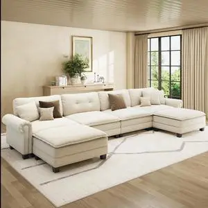 HERA'S HOUSE 150" Oversized U Shaped Modular Sectional Couch Living Room | Mid-Century Modern 6-Seater Cloud Sofa, White, Rolled Arms & Nailhead Trim, Wider & Deeper Seats, Ottoman, Chenille HERA'S HOUSE 150" Oversized U Shaped Modular Sectional Couch Living Room | Mid-Century Modern 6-Seater Cloud Sofa, White, Rolled Arms & Nailhead Trim, Wider & Deeper Seats, Ottoman, Chenille