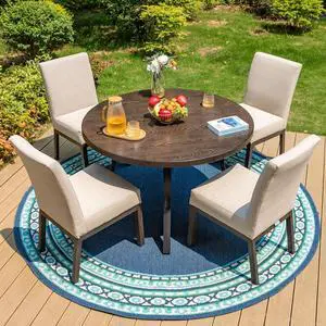 HERA'S HOUSE 5-Piece Patio Dining Set, 4 Metal Cushioned Chairs, Beige | 44" round wood-look metal table, Umbrella hole, E-coated and powder-coated steel frame, All-weather design HERA'S HOUSE 5-Piece Patio Dining Set, 4 Metal Cushioned Chairs, Beige | 44" round wood-look metal table, Umbrella hole, E-coated and powder-coated steel frame, All-weather design