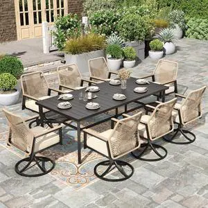 HERA'S HOUSE 9pc Patio Dining Set, 83" Metal Table & Swivel Rattan Chairs | Rectangle table with umbrella hole, 8 cushioned chairs. Waterproof, rust-resistant, all-weather for backyard, porch. HERA'S HOUSE 9pc Patio Dining Set, 83" Metal Table & Swivel Rattan Chairs | Rectangle table with umbrella hole, 8 cushioned chairs. Waterproof, rust-resistant, all-weather for backyard, porch.