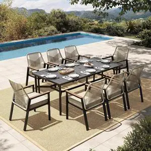 HERA'S HOUSE 9pc Patio Dining Set, Outdoor 83" Metal Table & Rattan Chairs | Rectangle table with umbrella hole, 8 cushioned chairs. Waterproof, rust-resistant, all-weather for backyard, porch. HERA'S HOUSE 9pc Patio Dining Set, Outdoor 83" Metal Table & Rattan Chairs | Rectangle table with umbrella hole, 8 cushioned chairs. Waterproof, rust-resistant, all-weather for backyard, porch.