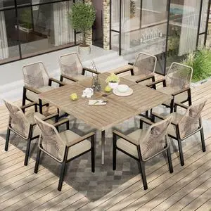 HERA'S HOUSE Patio Dining Set for 8, Metal Square Table & Rattan Chairs | 8 cushioned chairs + steel table. Waterproof, stain-resistant & wipe-clean. Ideal for Outdoor, backyard & poolside. HERA'S HOUSE Patio Dining Set for 8, Metal Square Table & Rattan Chairs | 8 cushioned chairs + steel table. Waterproof, stain-resistant & wipe-clean. Ideal for Outdoor, backyard & poolside.