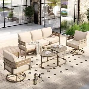 HERA'S HOUSE 4-Piece Metal Patio Conversation Set, Swivel Chairs, Beige | Nesting Coffee Table HERA'S HOUSE 4-Piece Metal Patio Conversation Set, Swivel Chairs, Beige | Nesting Coffee Table