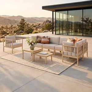 HERA'S HOUSE Acacia Wood Patio Sectional Set, 5-Seat, Modular Design, Beige | All-Weather, For Garden, Backyard HERA'S HOUSE Acacia Wood Patio Sectional Set, 5-Seat, Modular Design, Beige | All-Weather, For Garden, Backyard