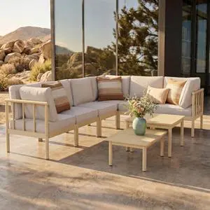 HERA'S HOUSE Acacia Wood Patio Sectional Set, 6-Seat, Modular Design, Beige | All-Weather, For Garden, Backyard HERA'S HOUSE Acacia Wood Patio Sectional Set, 6-Seat, Modular Design, Beige | All-Weather, For Garden, Backyard