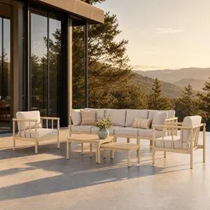 HERA'S HOUSE Acacia Wood Patio Sectional Set, 4-Seat, Modular Design, Beige | All-Weather, For Garden, Backyard HERA'S HOUSE Acacia Wood Patio Sectional Set, 4-Seat, Modular Design, Beige | All-Weather, For Garden, Backyard