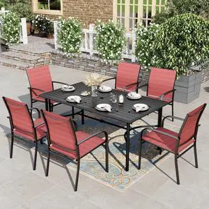 HERA'S HOUSE 7pc Outdoor Patio Dining Set, 6 Textilene Chairs, Red | 67" rectangular metal table with umbrella hole. Waterproof, rust-resistant, all-weather for backyard, porch HERA'S HOUSE 7pc Outdoor Patio Dining Set, 6 Textilene Chairs, Red | 67" rectangular metal table with umbrella hole. Waterproof, rust-resistant, all-weather for backyard, porch
