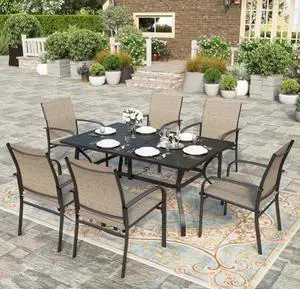 HERA'S HOUSE 7pc Patio Dining Set, 60" Metal Table, Textilene Chairs | Rectangular table with umbrella hole+ 6 brown chairs. Waterproof, rust-resistant, all-weather for backyard, porch HERA'S HOUSE 7pc Patio Dining Set, 60" Metal Table, Textilene Chairs | Rectangular table with umbrella hole+ 6 brown chairs. Waterproof, rust-resistant, all-weather for backyard, porch