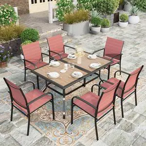 HERA'S HOUSE 7pc Patio Dining Set, Metal Table with PVC Top, Red Chairs | 60" rectangular table with umbrella hole, 6 textilene chairs. Waterproof, rust-resistant, all-weather for yard, porch HERA'S HOUSE 7pc Patio Dining Set, Metal Table with PVC Top, Red Chairs | 60" rectangular table with umbrella hole, 6 textilene chairs. Waterproof, rust-resistant, all-weather for yard, porch
