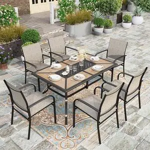 HERA'S HOUSE 7pc Patio Dining Set, Metal Table with PVC Top, Brown Chairs | 60" rectangular table with umbrella hole, 6 textilene chairs. Waterproof, rust-resistant, all-weather for yard, porch HERA'S HOUSE 7pc Patio Dining Set, Metal Table with PVC Top, Brown Chairs | 60" rectangular table with umbrella hole, 6 textilene chairs. Waterproof, rust-resistant, all-weather for yard, porch