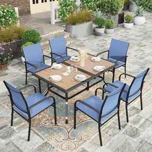 HERA'S HOUSE 7pc Patio Dining Set, Metal Table with PVC Top, Blue Chairs | 60" rectangular table with umbrella hole, 6 textilene chairs. Waterproof, rust-resistant, all-weather for yard, porch HERA'S HOUSE 7pc Patio Dining Set, Metal Table with PVC Top, Blue Chairs | 60" rectangular table with umbrella hole, 6 textilene chairs. Waterproof, rust-resistant, all-weather for yard, porch