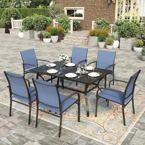 HERA'S HOUSE 7pc Patio Dining Set, 60" Metal Table, Textilene Chairs | Rectangular table with umbrella hole+ 6 blue chairs. Waterproof, rust-resistant, all-weather for backyard, porch HERA'S HOUSE 7pc Patio Dining Set, 60" Metal Table, Textilene Chairs | Rectangular table with umbrella hole+ 6 blue chairs. Waterproof, rust-resistant, all-weather for backyard, porch