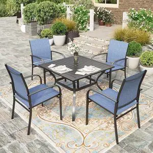HERA'S HOUSE Patio Table and Chairs for 4, Outdoor Dining Set, Blue | 37" square metal dining table with textilene Chairs, Rust-resistant all-weather for Lawn Garden Backyard HERA'S HOUSE Patio Table and Chairs for 4, Outdoor Dining Set, Blue | 37" square metal dining table with textilene Chairs, Rust-resistant all-weather for Lawn Garden Backyard