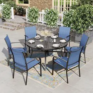 HERA'S HOUSE 7pc Patio Dining Set, 54" Round Table, 6 Blue Chairs | Outdoor metal table with umbrella hole, textilene chairs. Waterproof, rust-resistant, all-weather for backyard, porch HERA'S HOUSE 7pc Patio Dining Set, 54" Round Table, 6 Blue Chairs | Outdoor metal table with umbrella hole, textilene chairs. Waterproof, rust-resistant, all-weather for backyard, porch