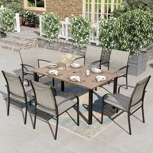 HERA'S HOUSE 7pc Patio Dining Set, Wood-Like Metal Table, 6 Brown Chairs | 60" rectangular table with umbrella hole. Waterproof, rust-resistant, all-weather for backyard, porch HERA'S HOUSE 7pc Patio Dining Set, Wood-Like Metal Table, 6 Brown Chairs | 60" rectangular table with umbrella hole. Waterproof, rust-resistant, all-weather for backyard, porch