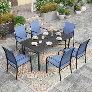 HERA'S HOUSE 7pc Outdoor Patio Dining Set, 6 Textilene Chairs, Blue | 67" rectangular metal table with umbrella hole. Waterproof, rust-resistant, all-weather for backyard, porch HERA'S HOUSE 7pc Outdoor Patio Dining Set, 6 Textilene Chairs, Blue | 67" rectangular metal table with umbrella hole. Waterproof, rust-resistant, all-weather for backyard, porch