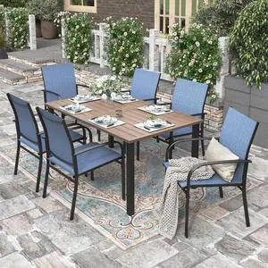HERA'S HOUSE 7 Pieces Outdoor Dining Set, Wood-Grain Metal Table with Umbrella Hole, Patio Table and Chairs for Yard Garden Porch Poolside, Blue HERA'S HOUSE 7 Pieces Outdoor Dining Set, Wood-Grain Metal Table with Umbrella Hole, Patio Table and Chairs for Yard Garden Porch Poolside, Blue