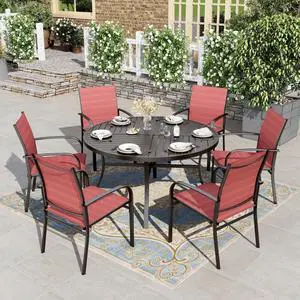 HERA'S HOUSE 7pc Patio Dining Set, 54" Round Table, 6 Red Chairs | Outdoor metal table with umbrella hole, textilene chairs. Waterproof, rust-resistant, all-weather for backyard, porch HERA'S HOUSE 7pc Patio Dining Set, 54" Round Table, 6 Red Chairs | Outdoor metal table with umbrella hole, textilene chairs. Waterproof, rust-resistant, all-weather for backyard, porch