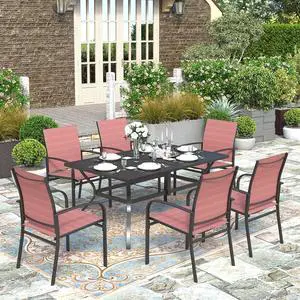 HERA'S HOUSE 7pc Patio Dining Set, 60" Metal Table, Textilene Chairs | Rectangular table with umbrella hole+ 6 red chairs. Waterproof, rust-resistant, all-weather for backyard, porch HERA'S HOUSE 7pc Patio Dining Set, 60" Metal Table, Textilene Chairs | Rectangular table with umbrella hole+ 6 red chairs. Waterproof, rust-resistant, all-weather for backyard, porch