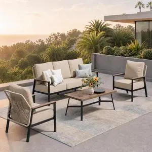 HERA'S HOUSE Rattan Patio Conversation Set, 5-Seat | 1 3-Seat Sofa, Coffee Table, High Back, All-Weather, Beige HERA'S HOUSE Rattan Patio Conversation Set, 5-Seat | 1 3-Seat Sofa, Coffee Table, High Back, All-Weather, Beige