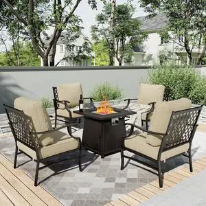 HERA'S HOUSE 5-Piece Steel Wrought Iron Outdoor Conversation Set, 4 Seats | Fire Pit Table, Beige Leg Chair, Single chairs could support up to 350lbs HERA'S HOUSE 5-Piece Steel Wrought Iron Outdoor Conversation Set, 4 Seats | Fire Pit Table, Beige Leg Chair, Single chairs could support up to 350lbs